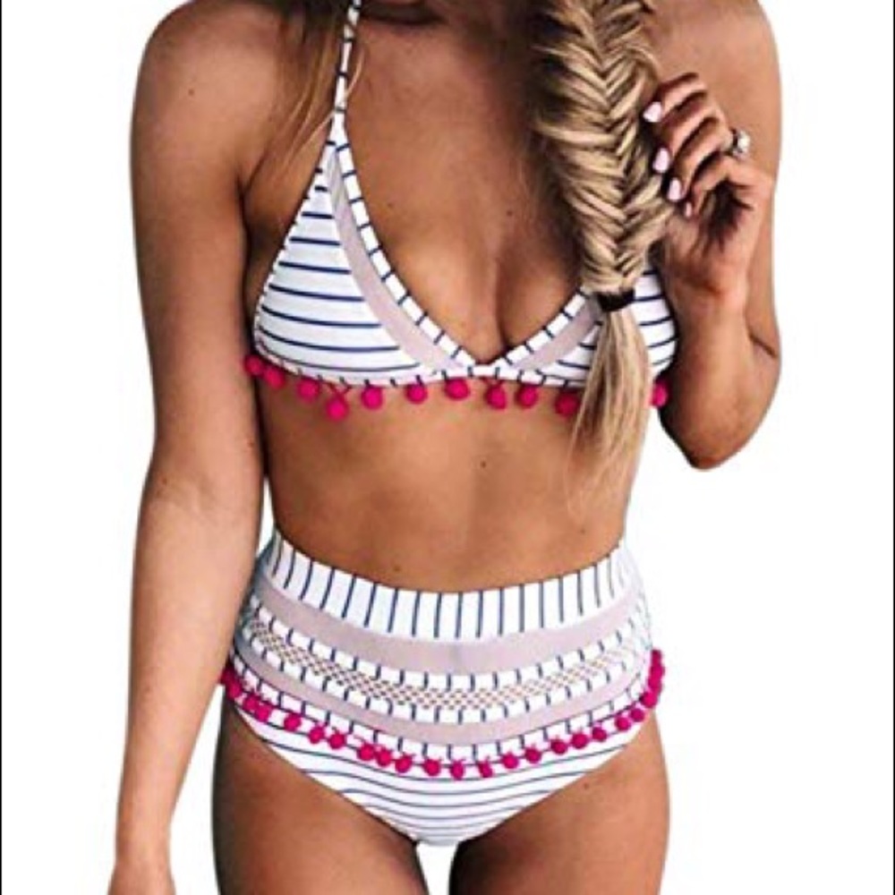 Stripe Tassel High Waisted Bikini